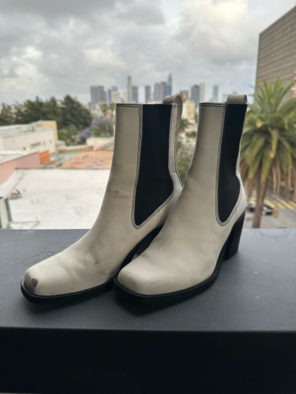 Rag & Bone Joni Chelsea Boot White Leather Square Toe Block Heel EU 38.5 / US 8